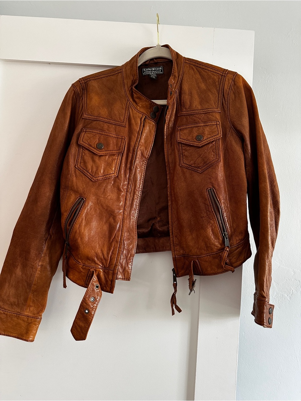 Vintage Lucky Brand Tan Leather Motorcycle Jacket